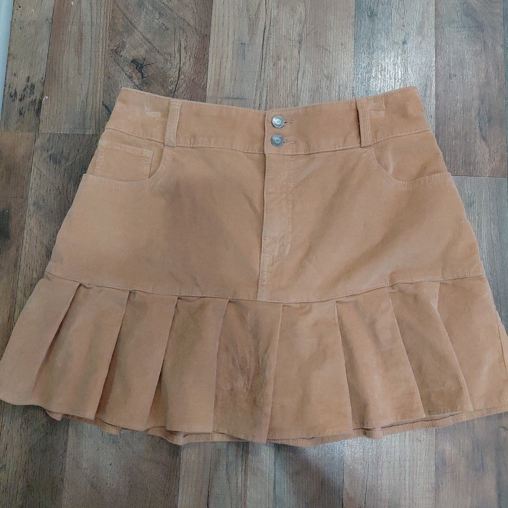 True Holister Vintage Skirt‎ Womens M Camel Brown Micro Mini Corduroy Pleated